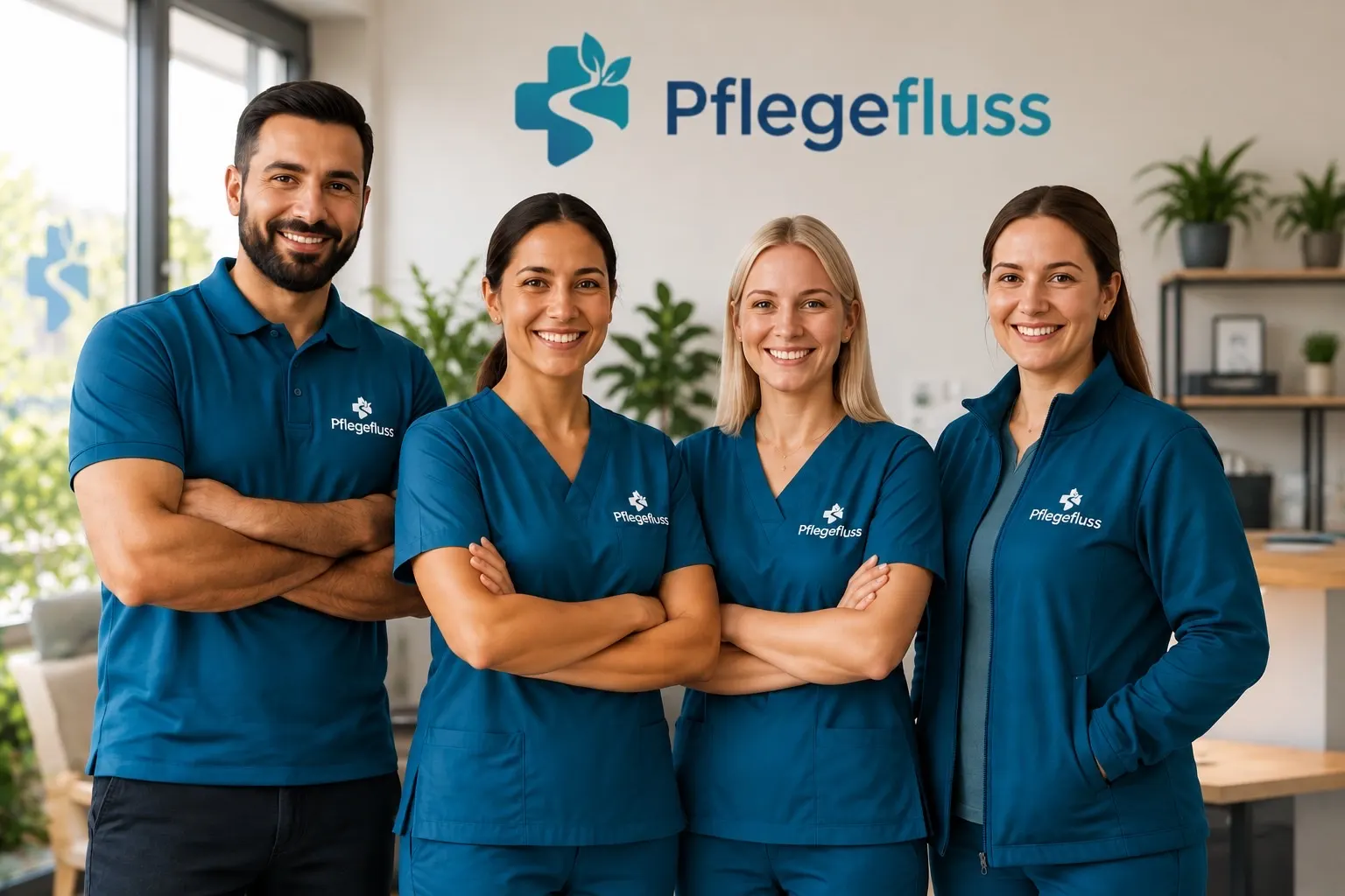 Das Pflegefluss-Team: vier lächelnde Pflegekräfte in blauer Dienstkleidung mit verschränkten Armen vor dem Pflegefluss-Logo.